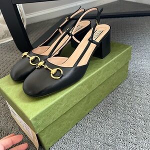 Gucci Black Leather Slingback Pumps with Gold Horsebit Accent